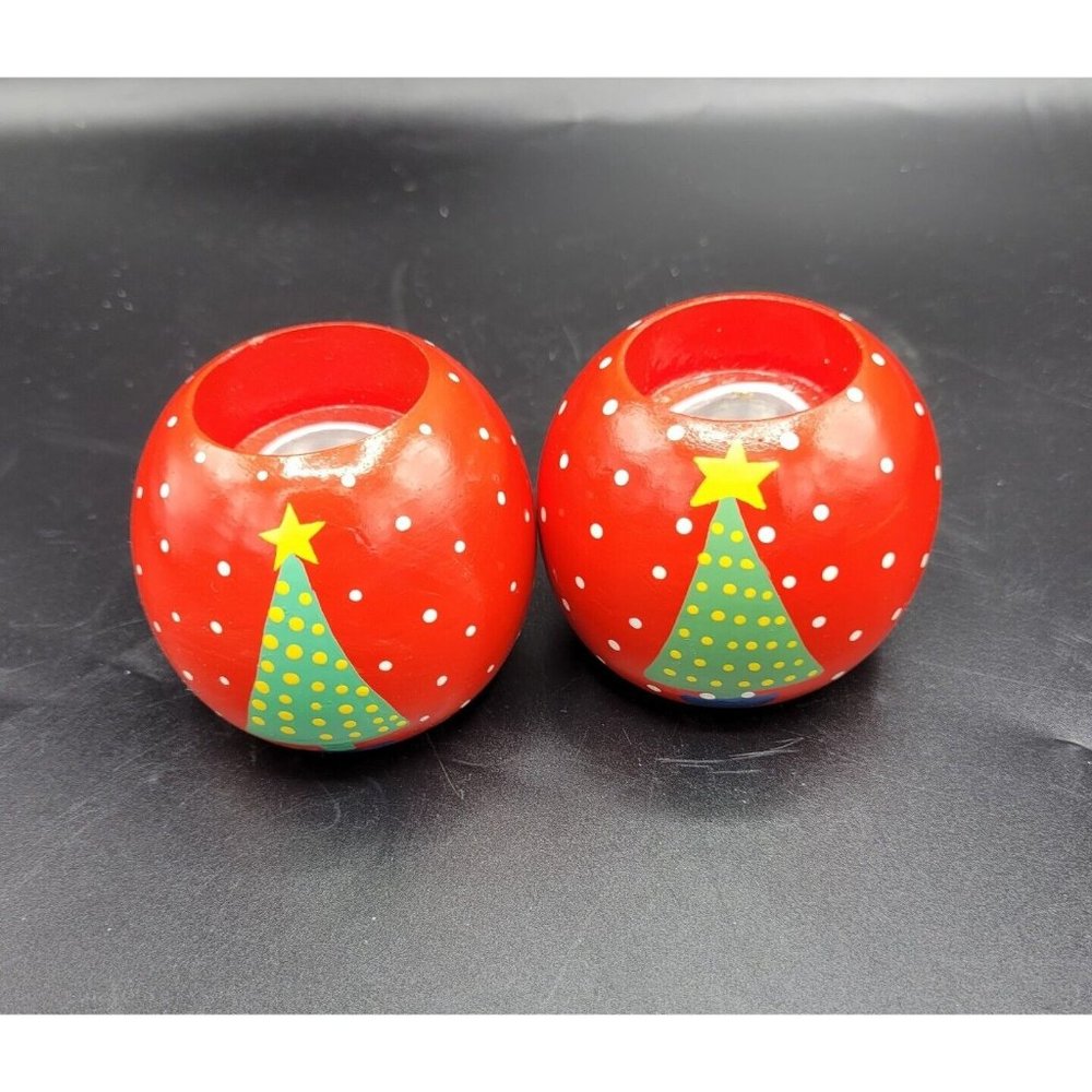 Wooden Christmas Tree Handpainted 2.5" X 2.5" Votive Candleholder Pair